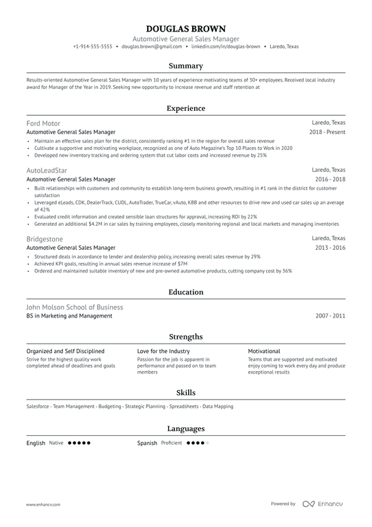 Automotive General Sales Manager Resume Example