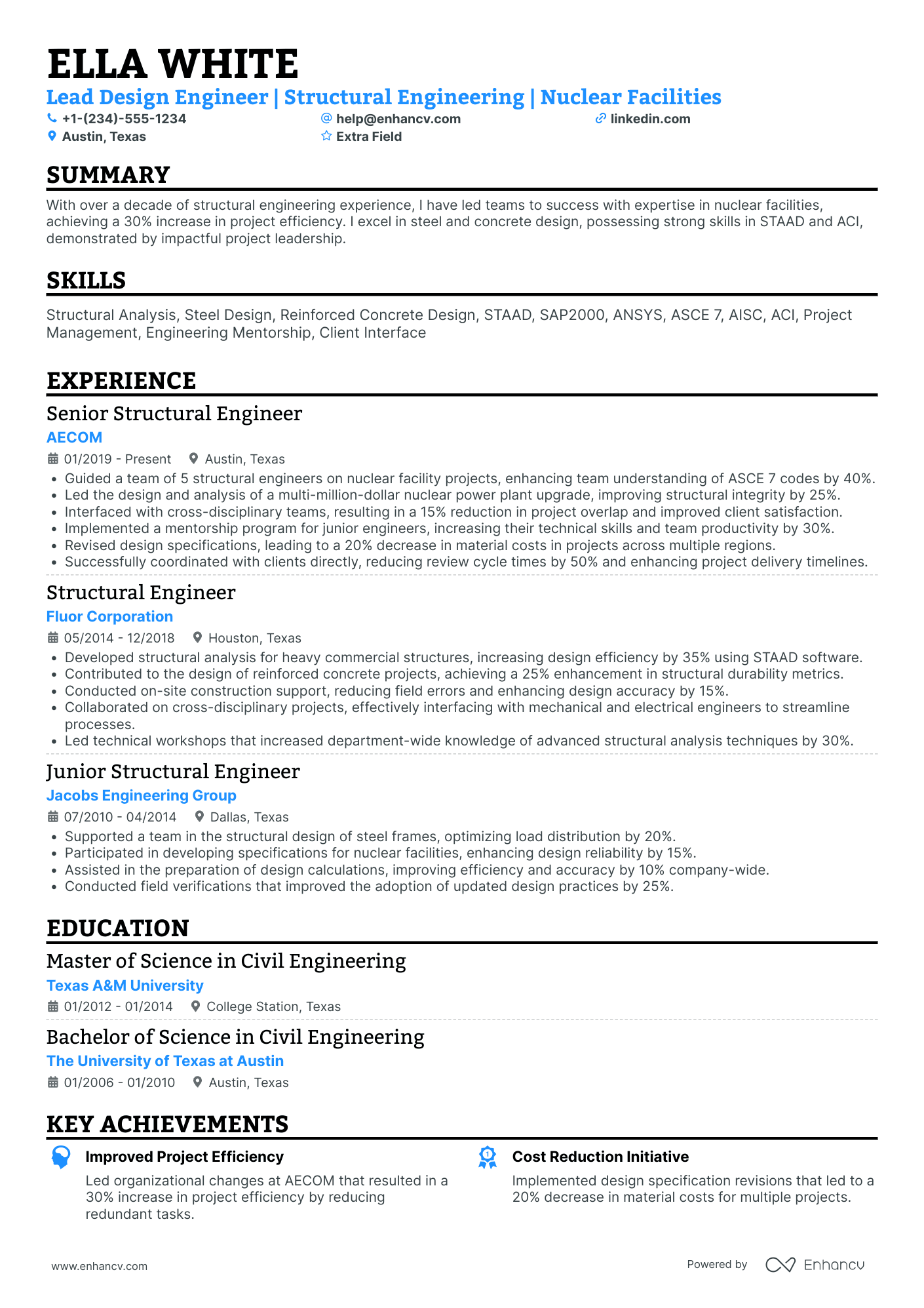 Lead Structural Engineer Resume Example