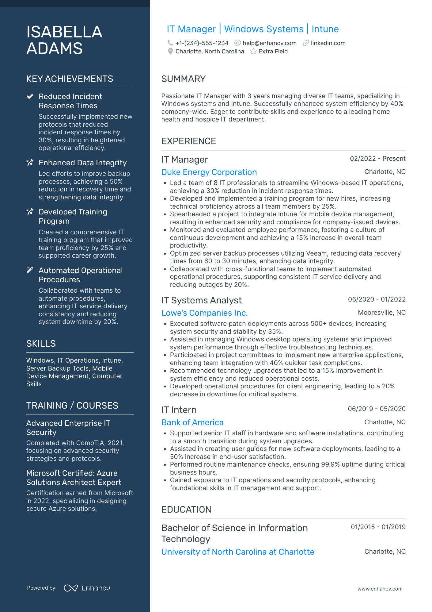 Junior IT Manager Resume Example