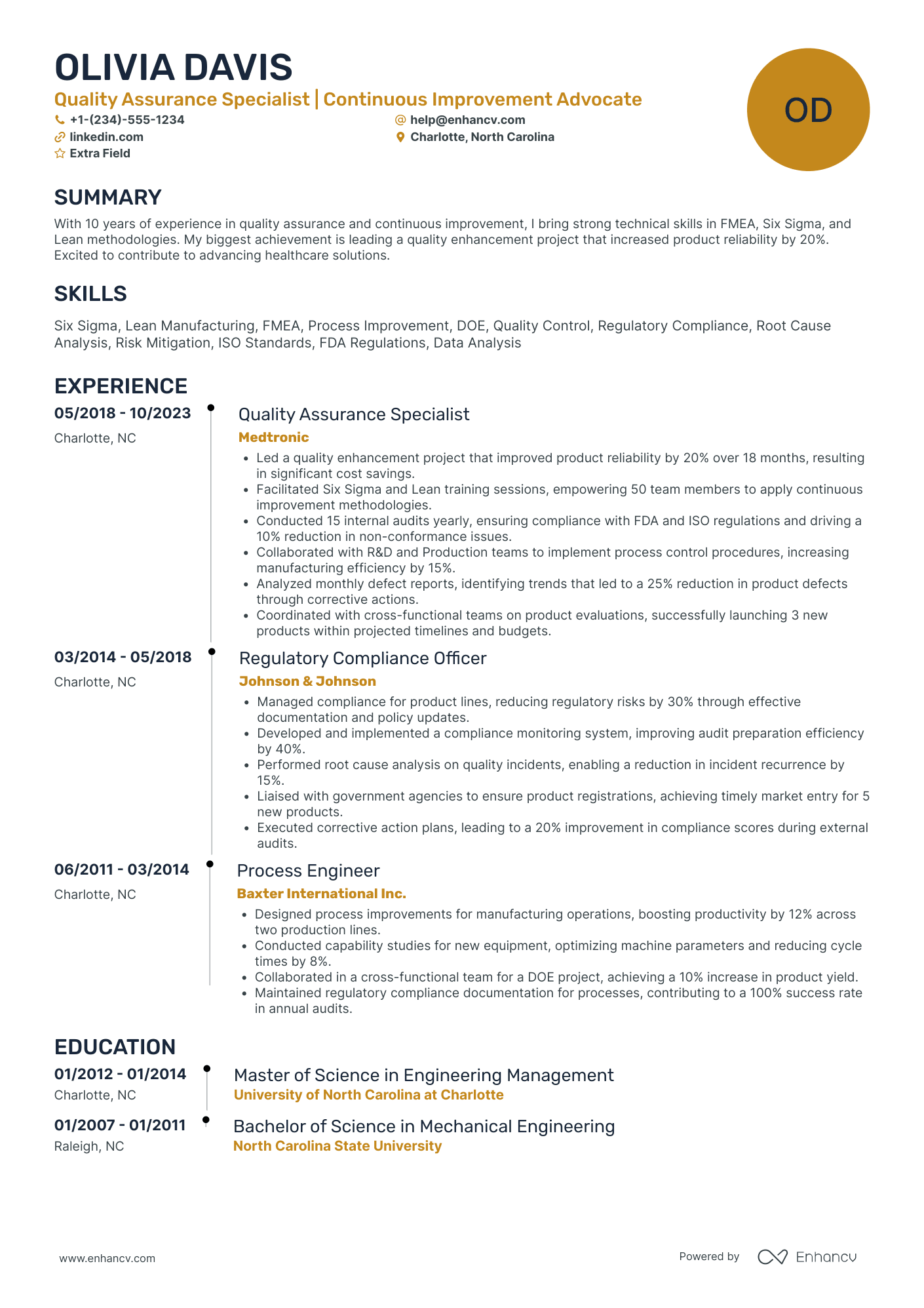 Chemical Quality Engineer Resume Example