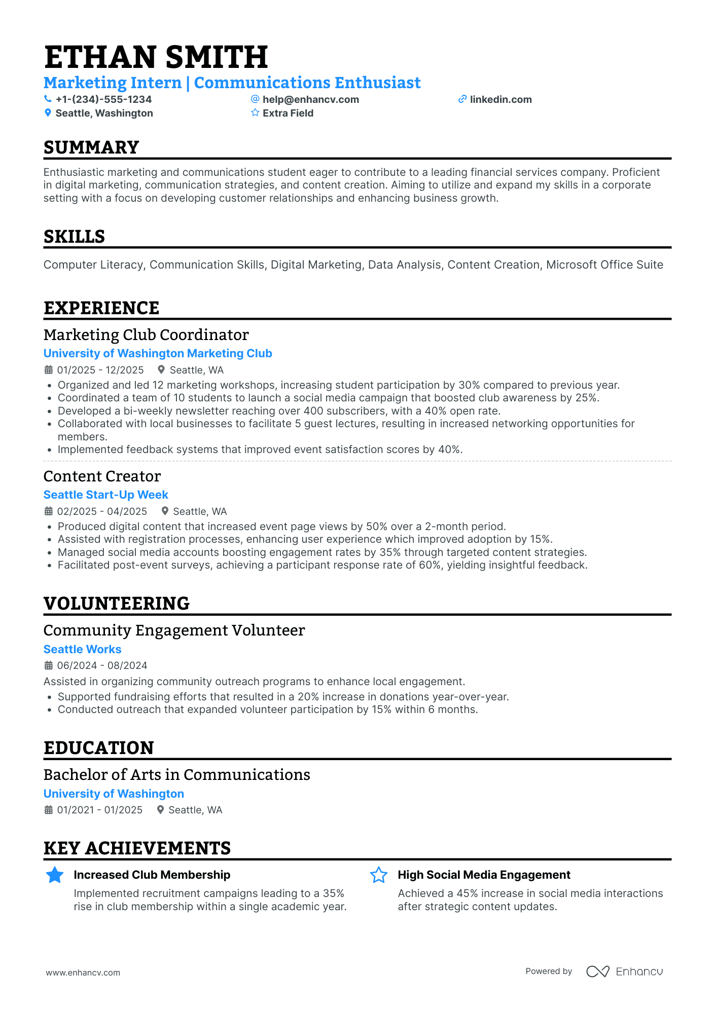 Entry Level Social Media Intern Resume Example