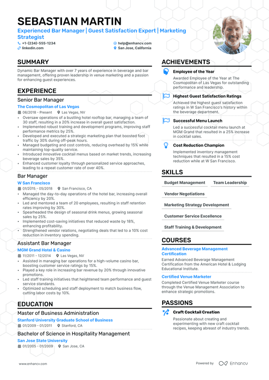 Bar Manager Resume Example