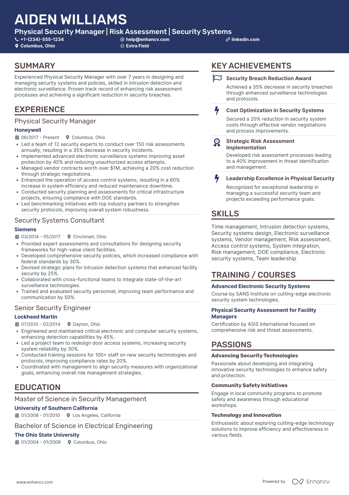 Physical Security Manager Resume Example