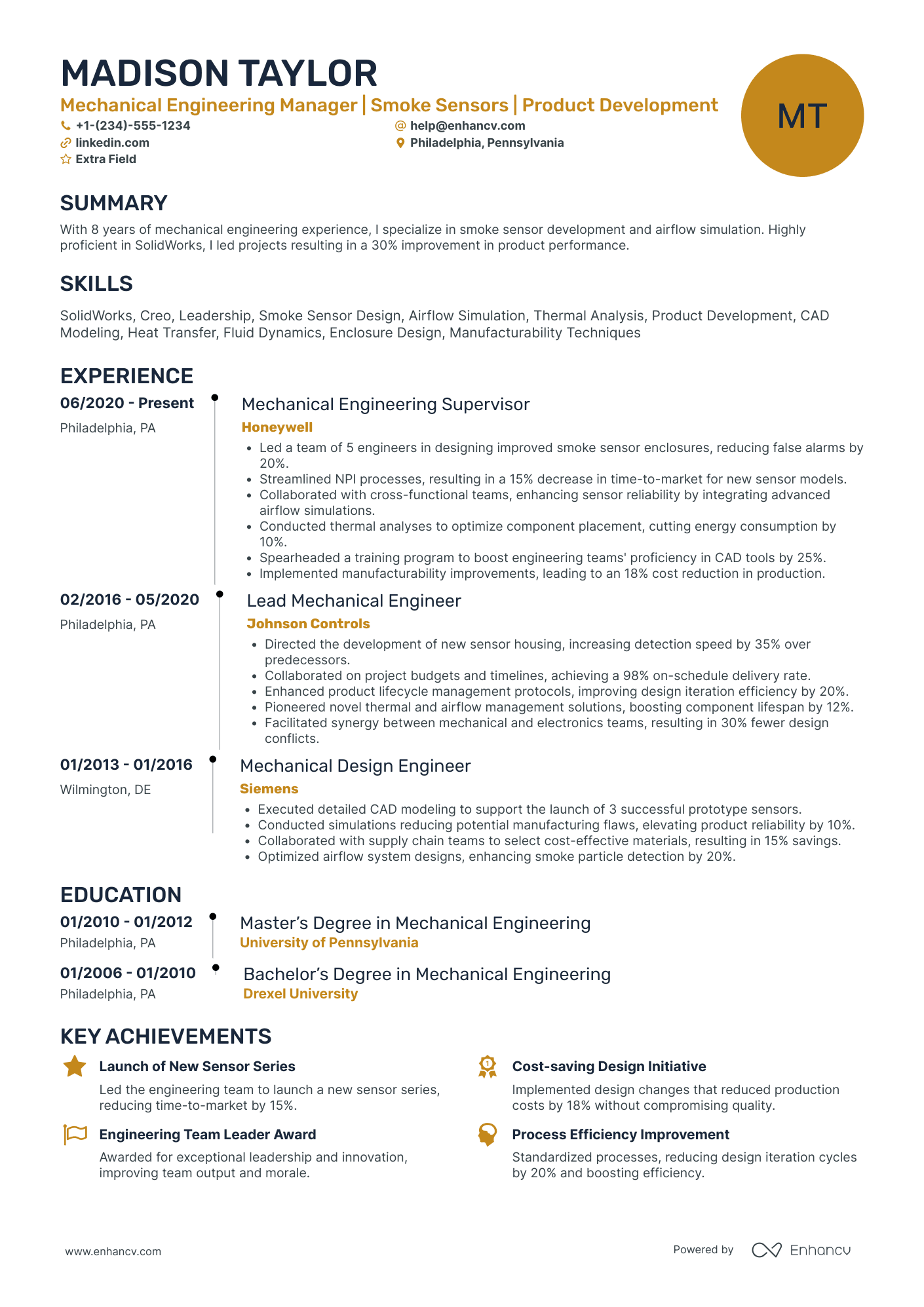 Mechanical Engineering Manager Resume Example