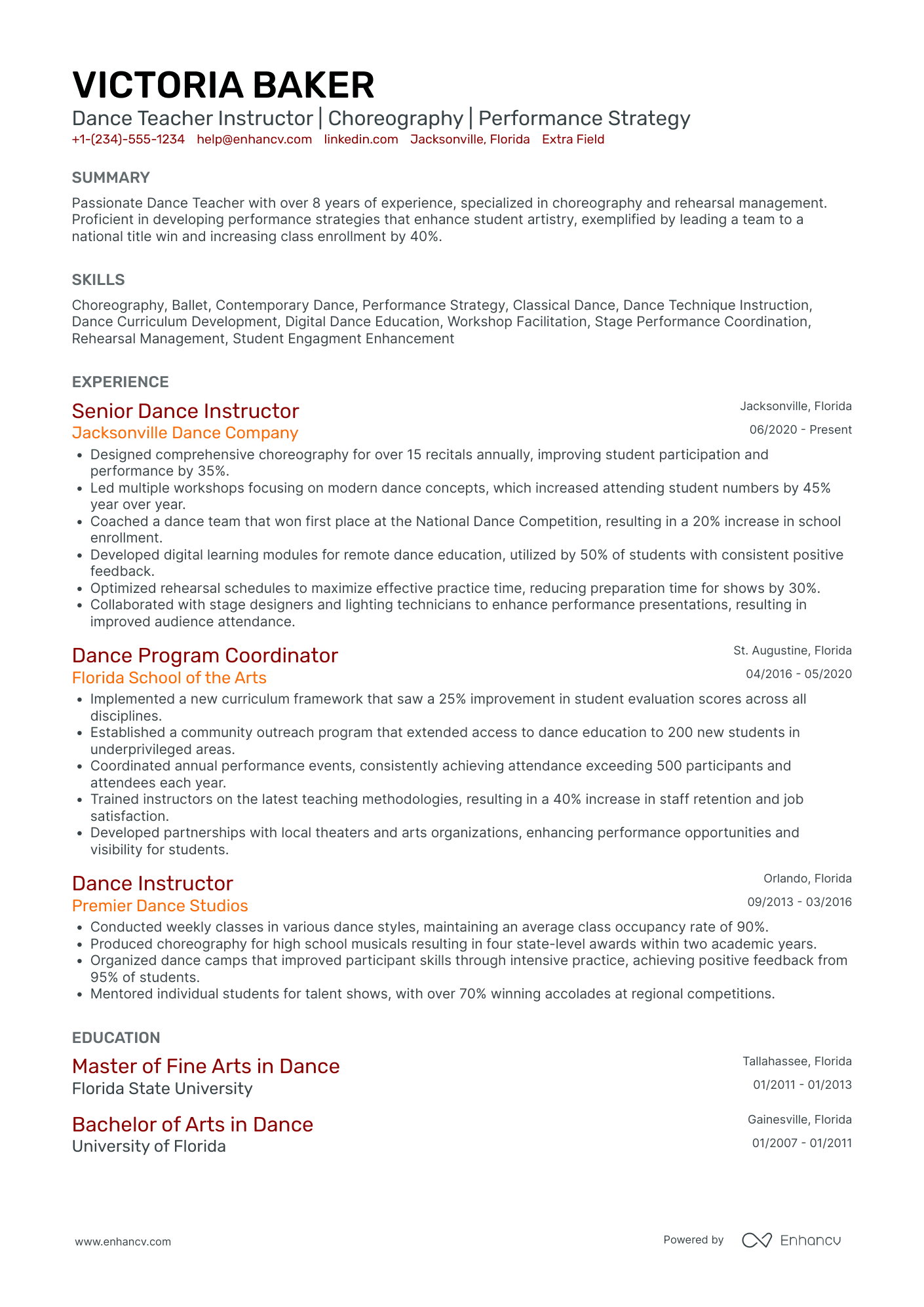 Dance Teacher Instructor Resume Example