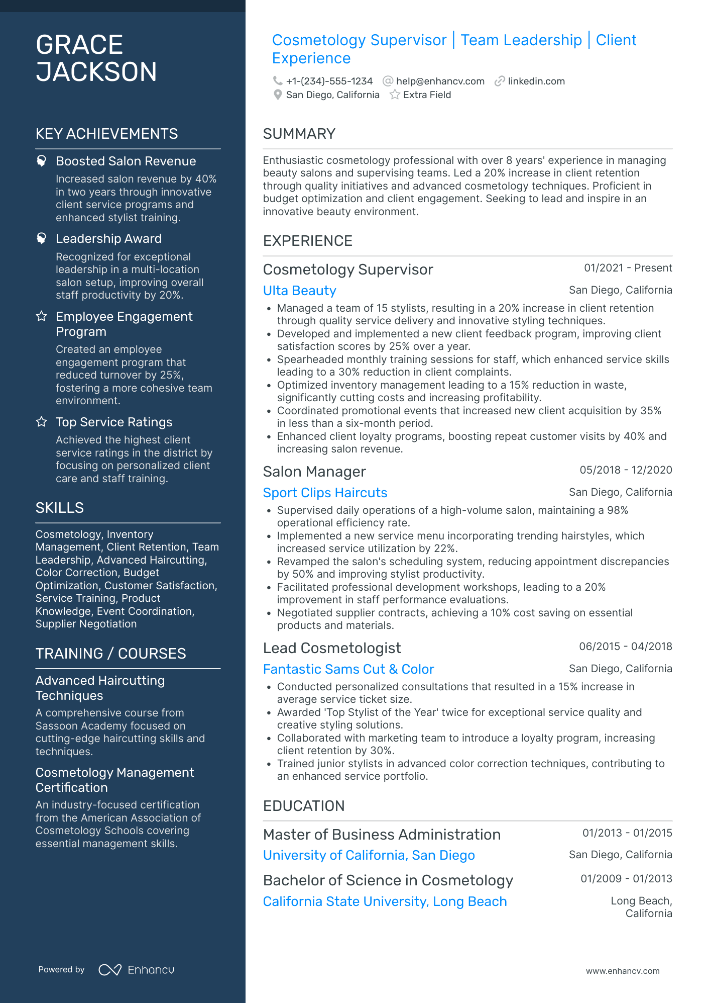 Cosmetology Supervisor Resume Example