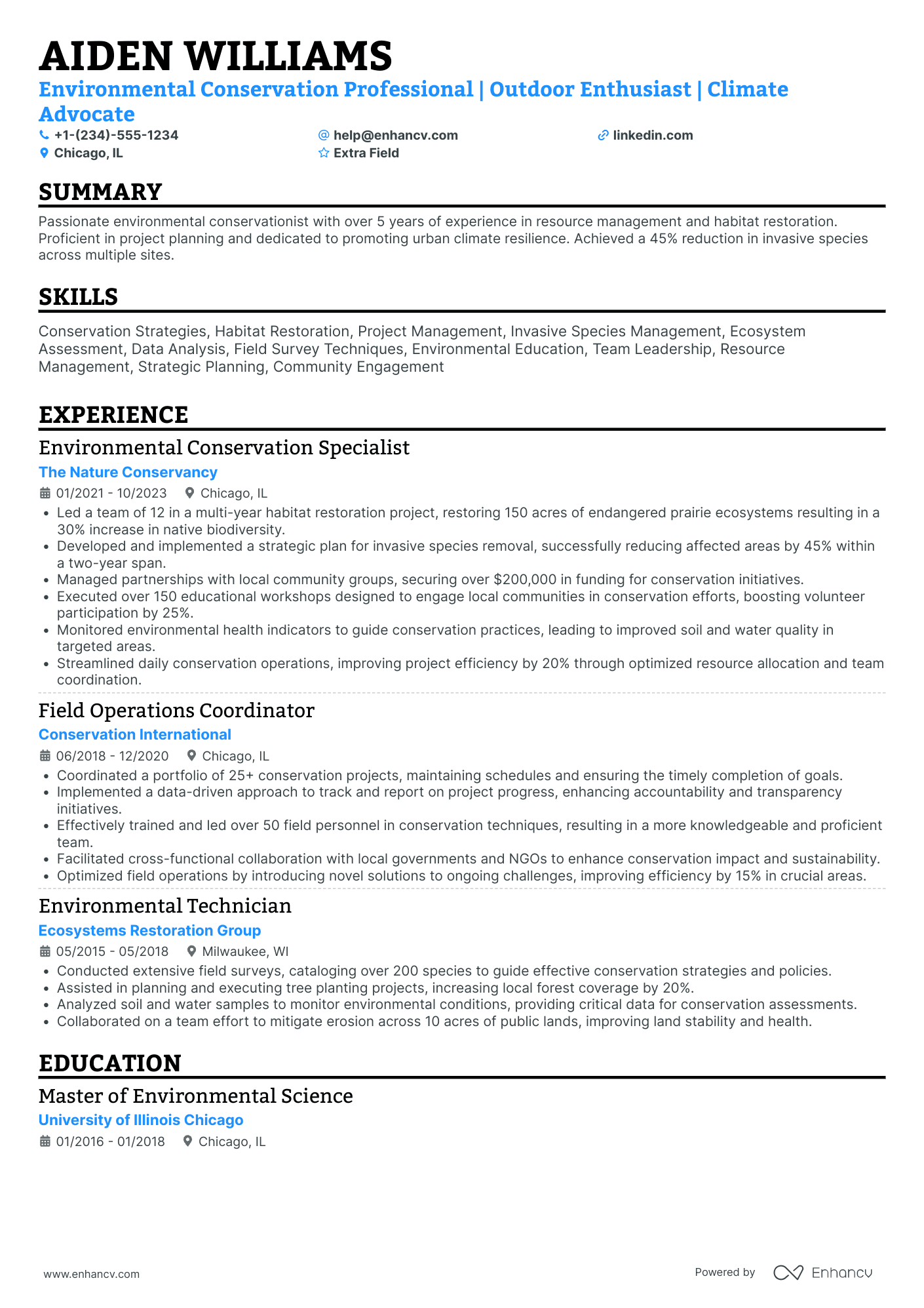 Environmental Conservation Volunteer Resume Example