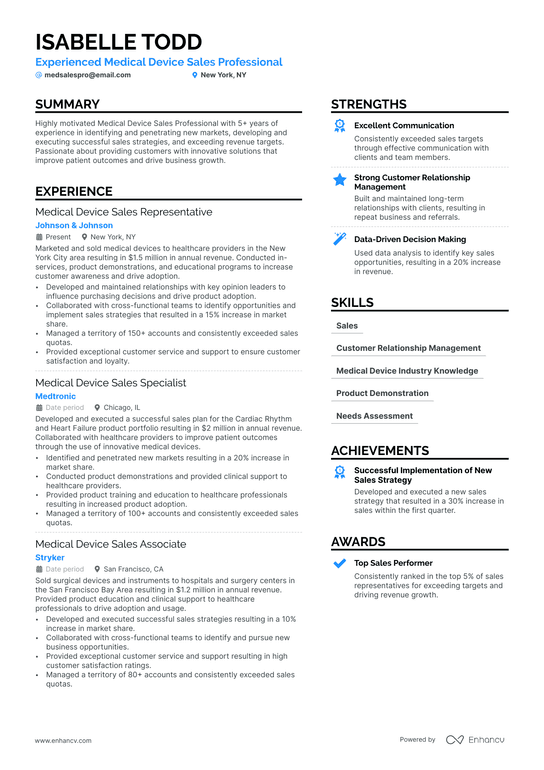 Medical Device Sales Resume Example