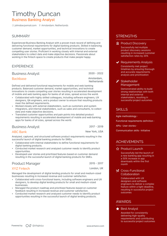 Banking Business Analyst Resume Example