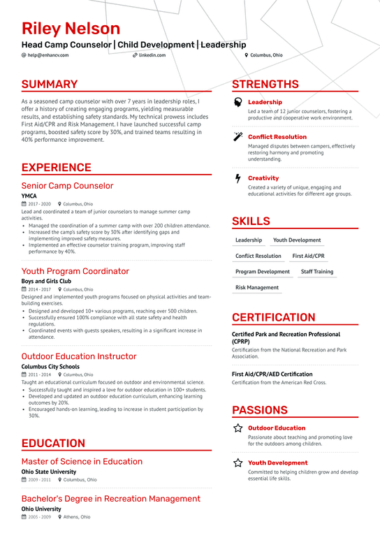 Head Camp Counselor Resume Example