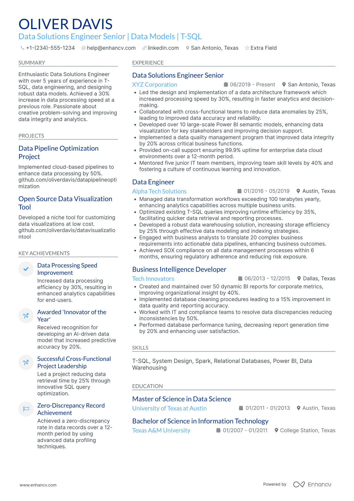 Big Data Solutions Engineer Resume Example