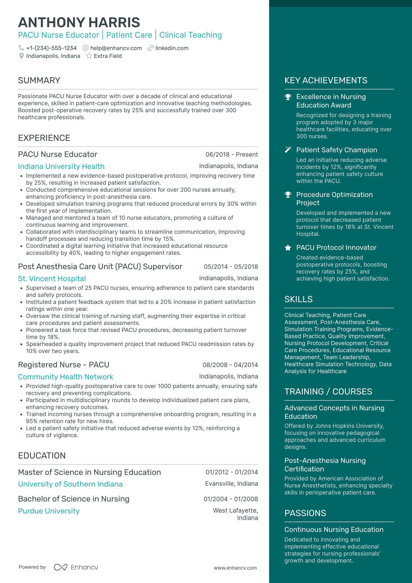 PACU Nurse Educator Resume Example