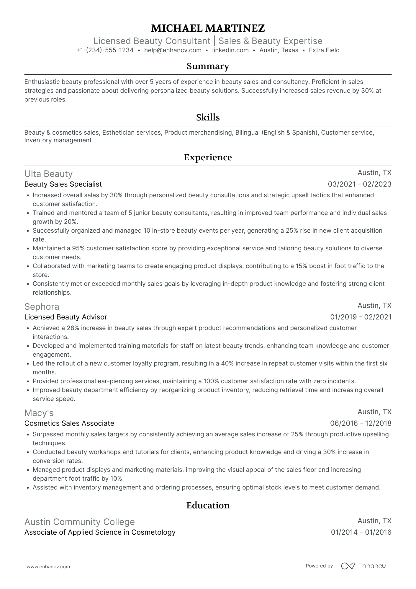 Esthetician Consultant Resume Example