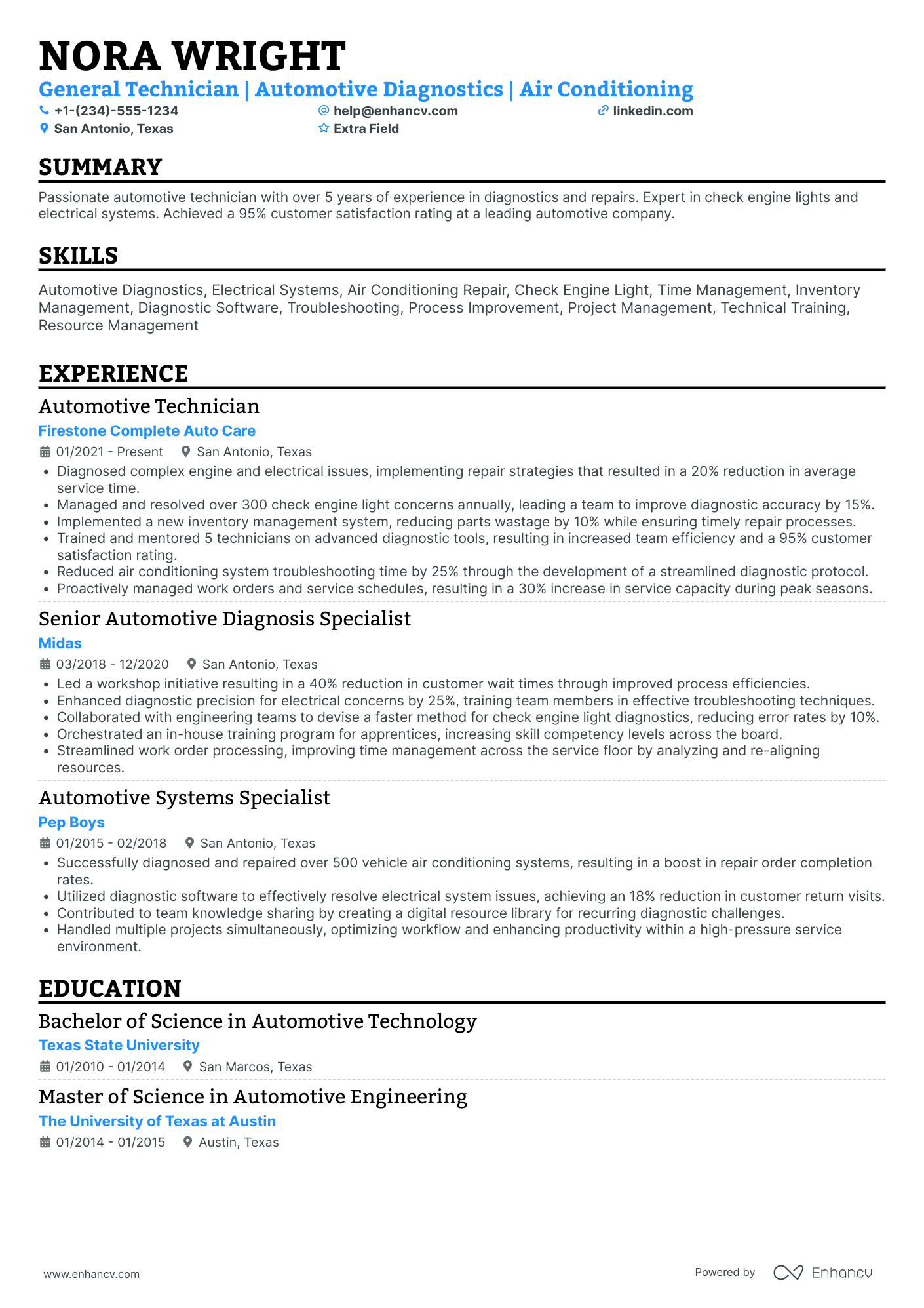 General Automotive Technician Resume Example