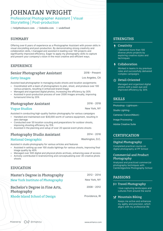 Photographer Assistant Resume Example