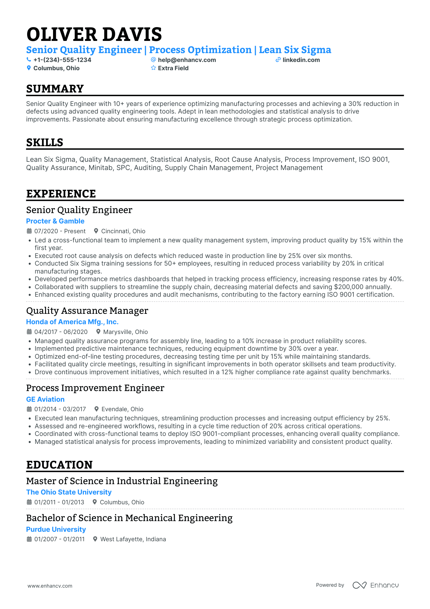 Senior Quality Engineer Resume Example