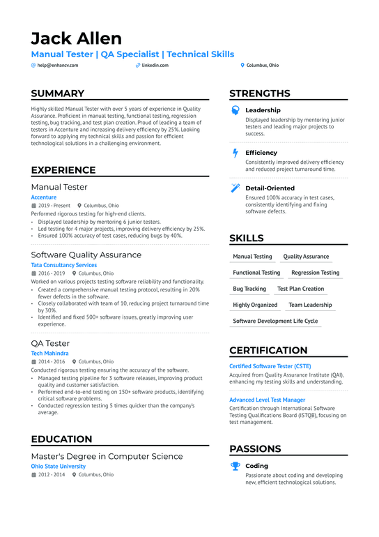 Manual Tester 5 Years Experience Resume Example