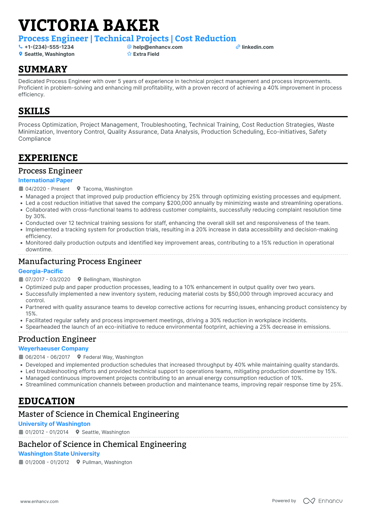 Product Process Engineer Resume Example