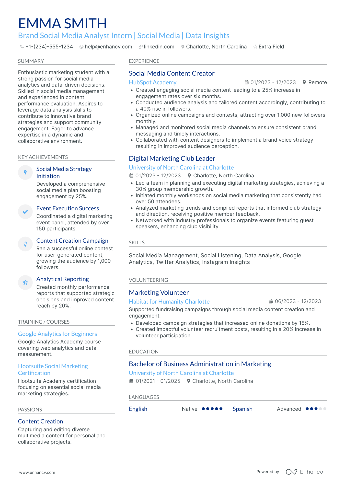 Social Media Strategy Intern Resume Example