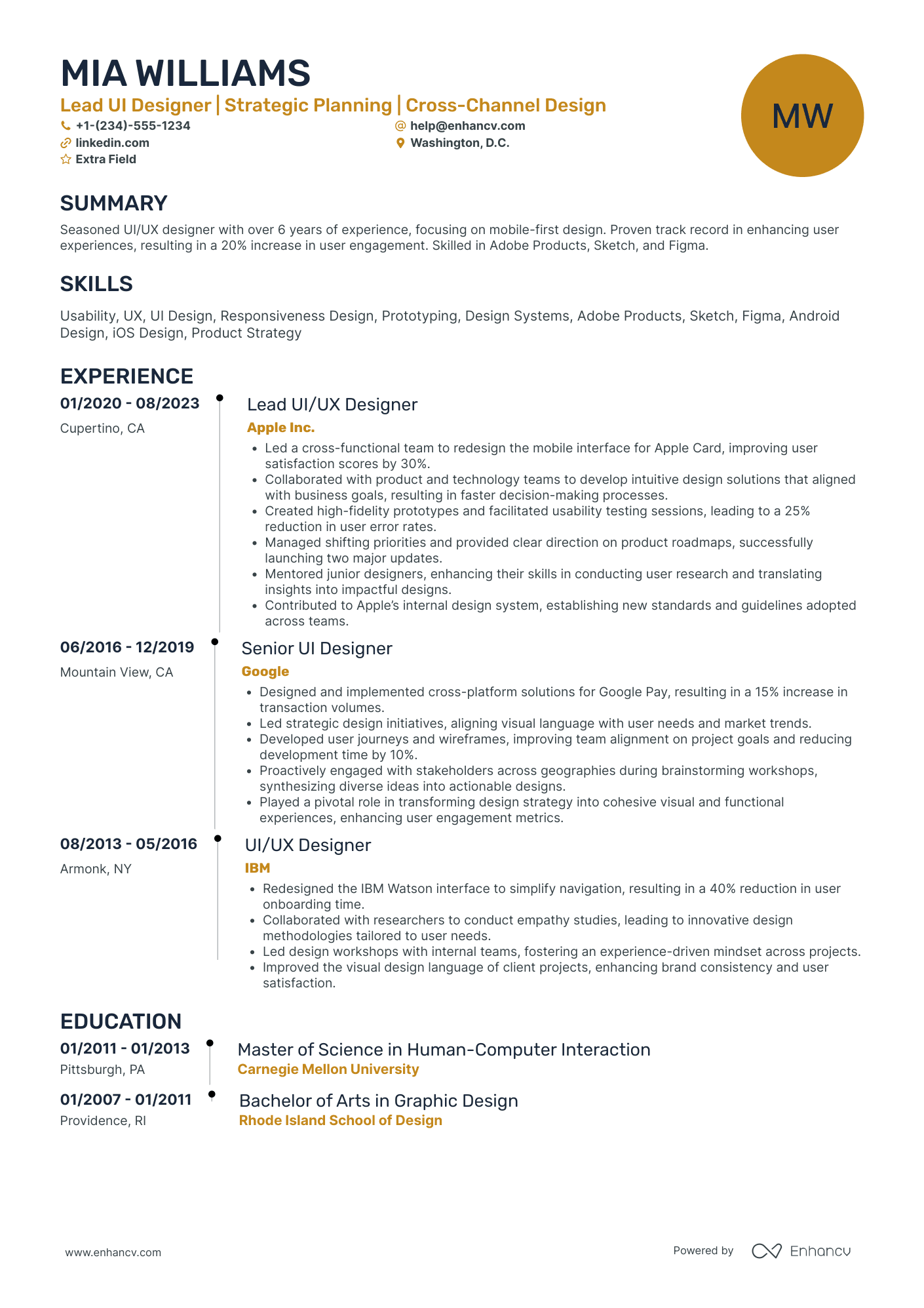 Lead UI Designer Resume Example