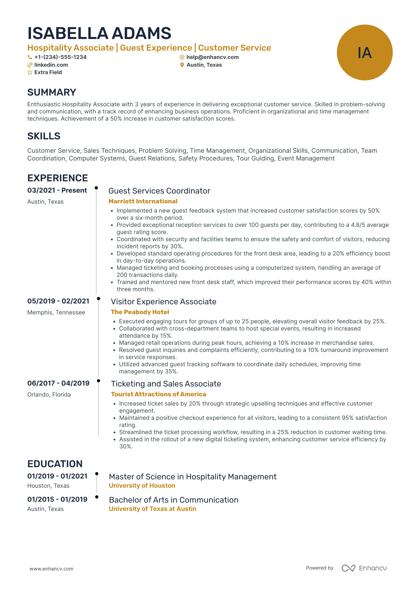 Hospitality Consultant Resume Example