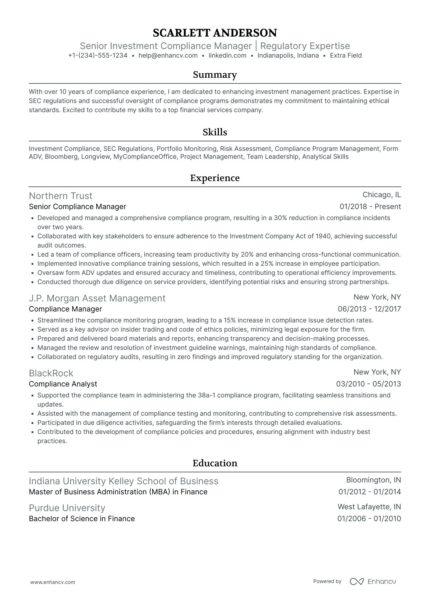 Investment Compliance Manager Resume Example