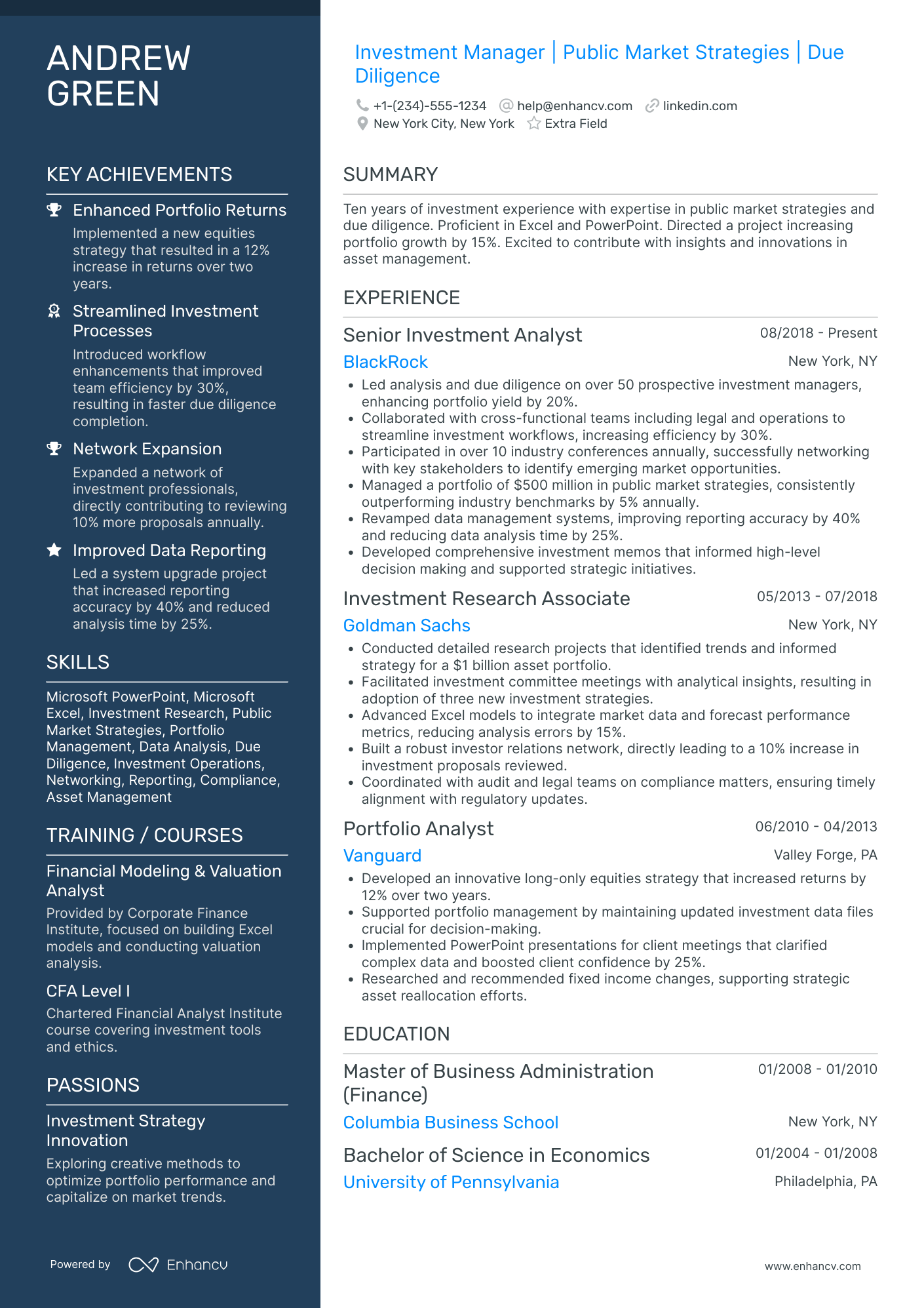 Investment Data Manager Resume Example