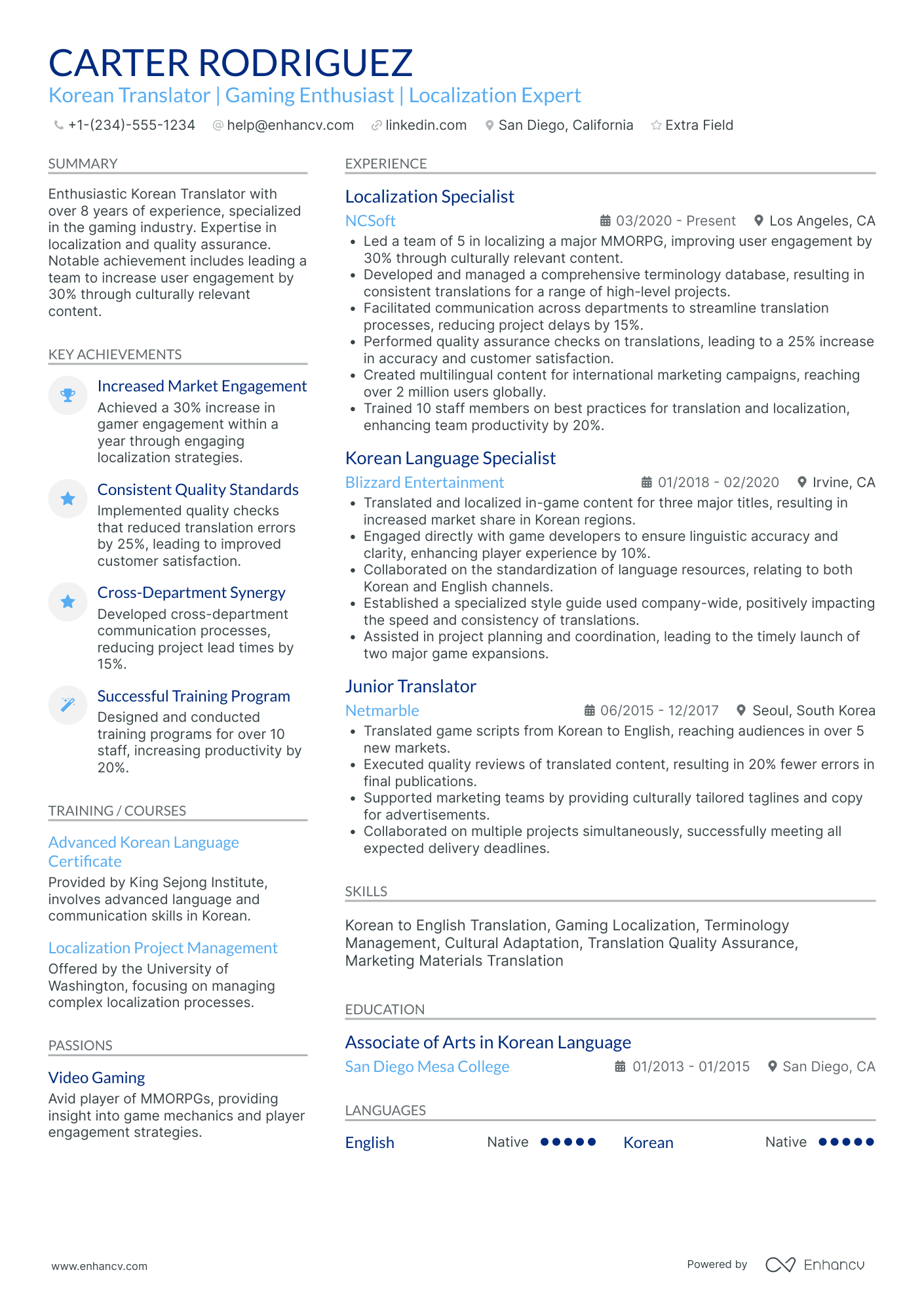 Video Game Translator Resume Example