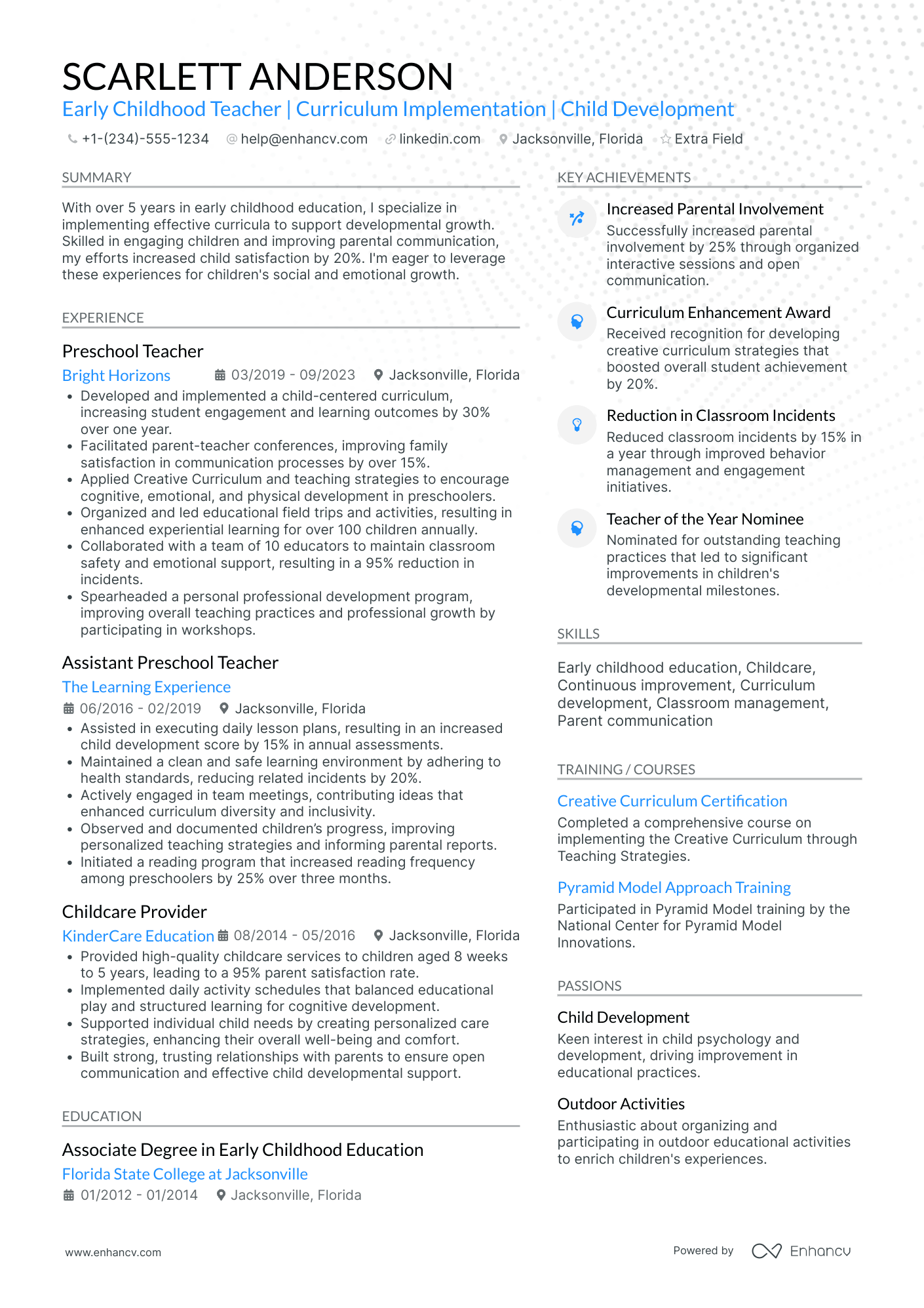 Early Childhood Preschool Teacher Resume Example