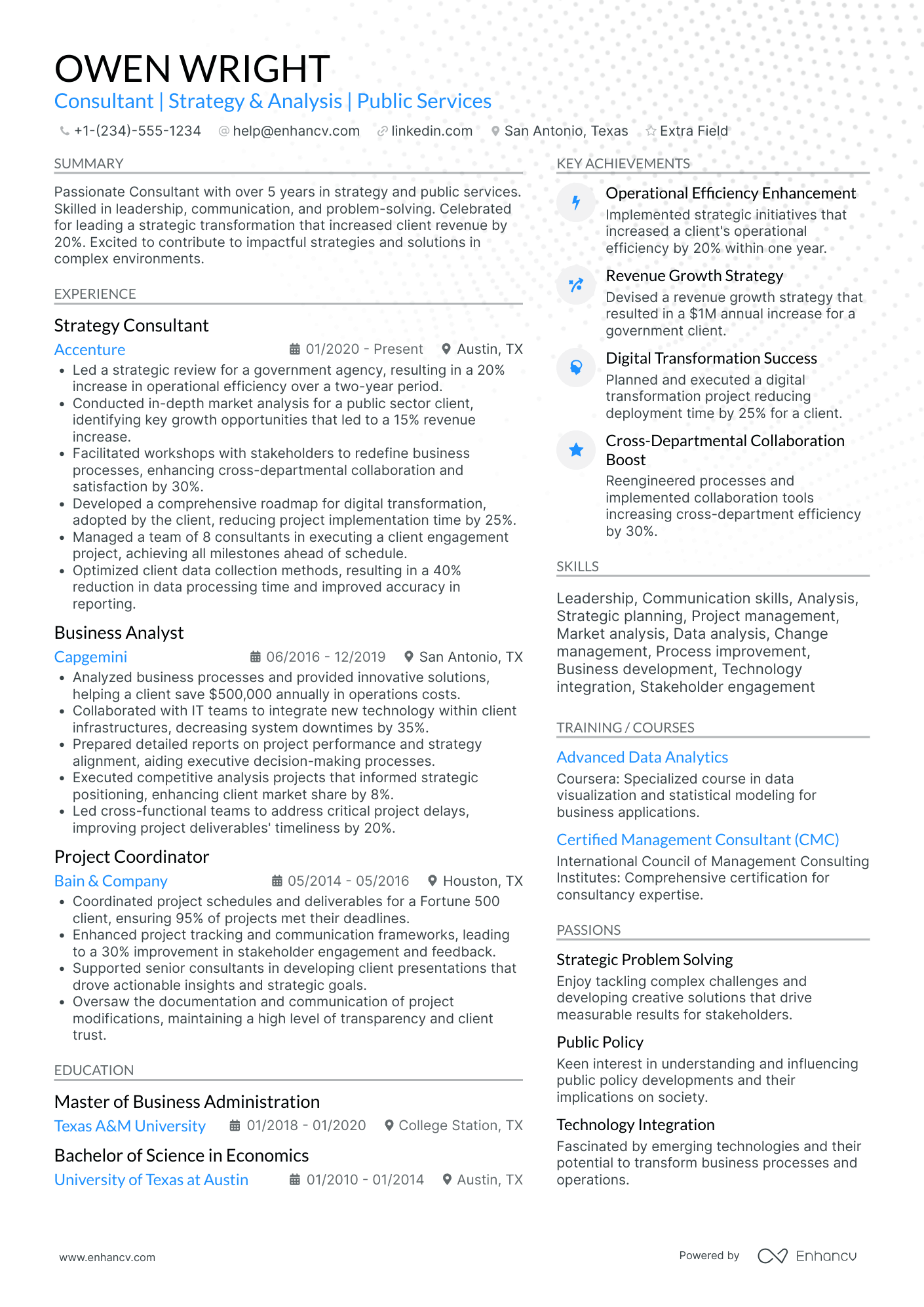 Deloitte Strategy and Operations Consultant Resume Example