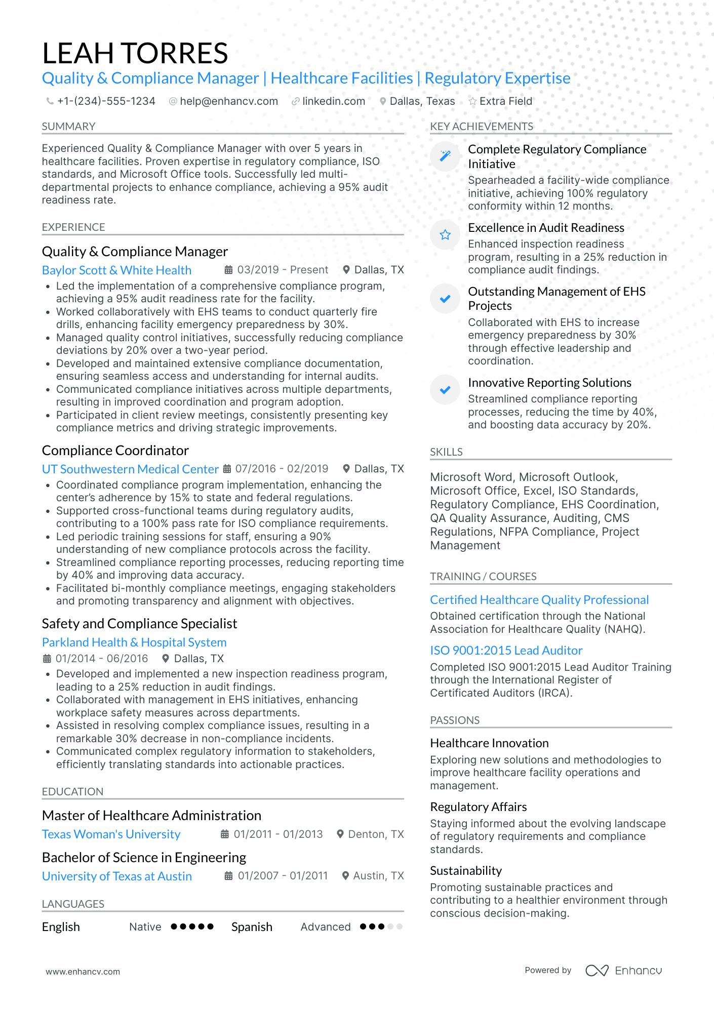 Quality Compliance Manager Resume Example