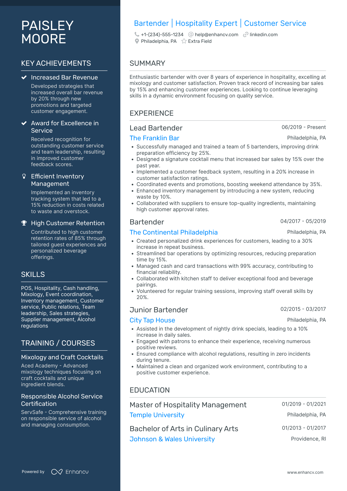 Bartender Trainer Resume Example