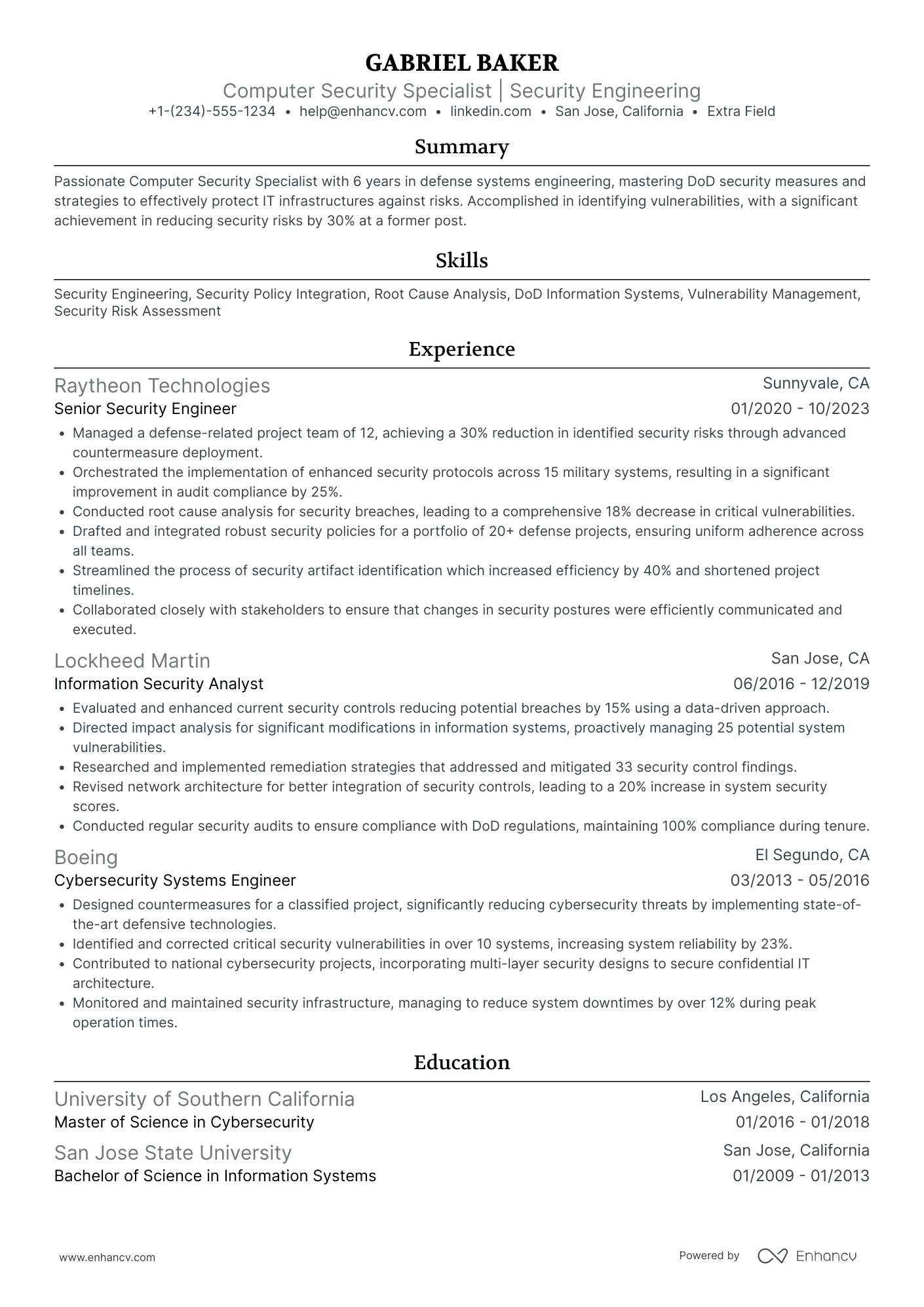 Computer Security Engineer Resume Example