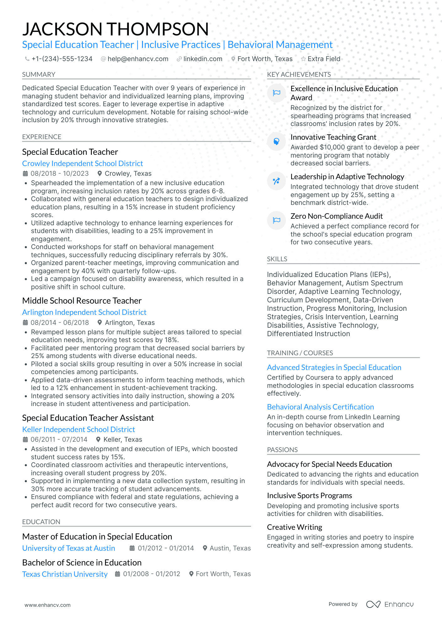 Special Education Teacher for Middle School Resume Example