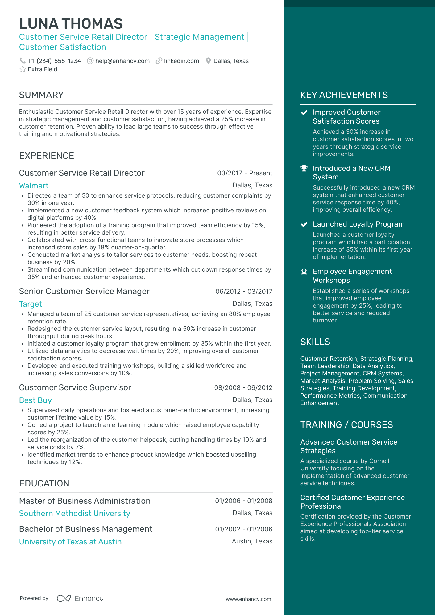 Customer Service Retail Director Resume Example