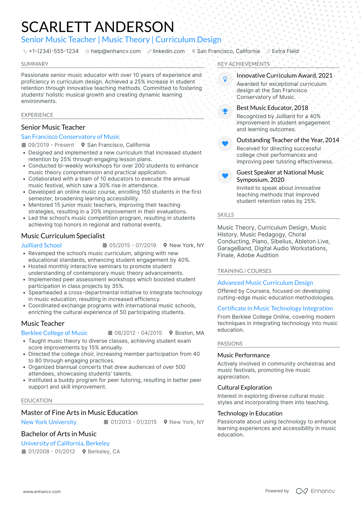 Senior Music Teacher Resume Example