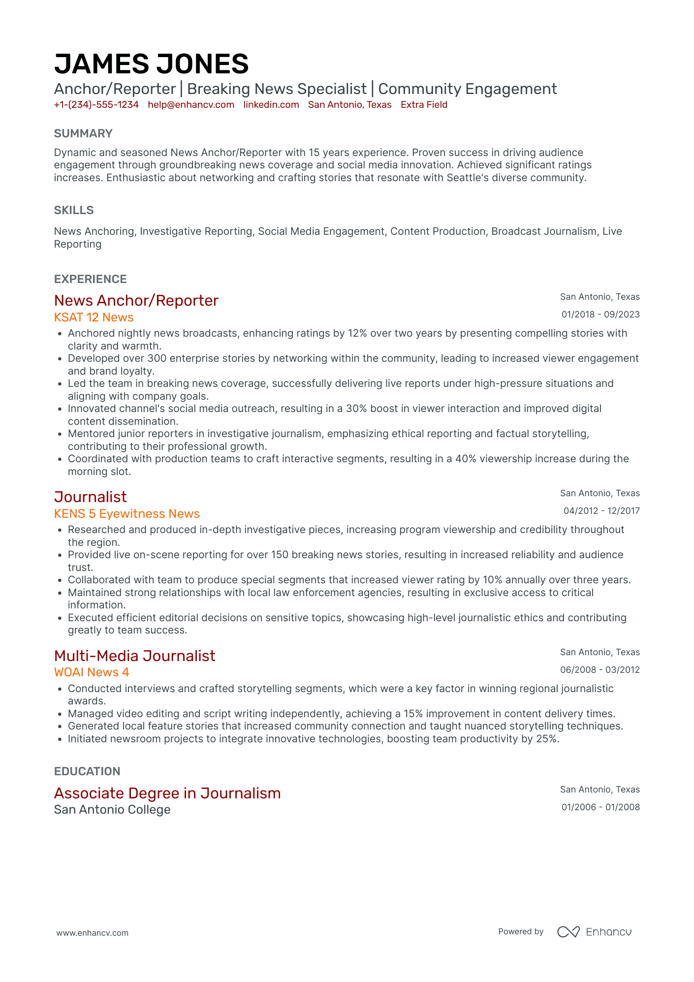 Mid Level Sports Broadcaster Resume Example