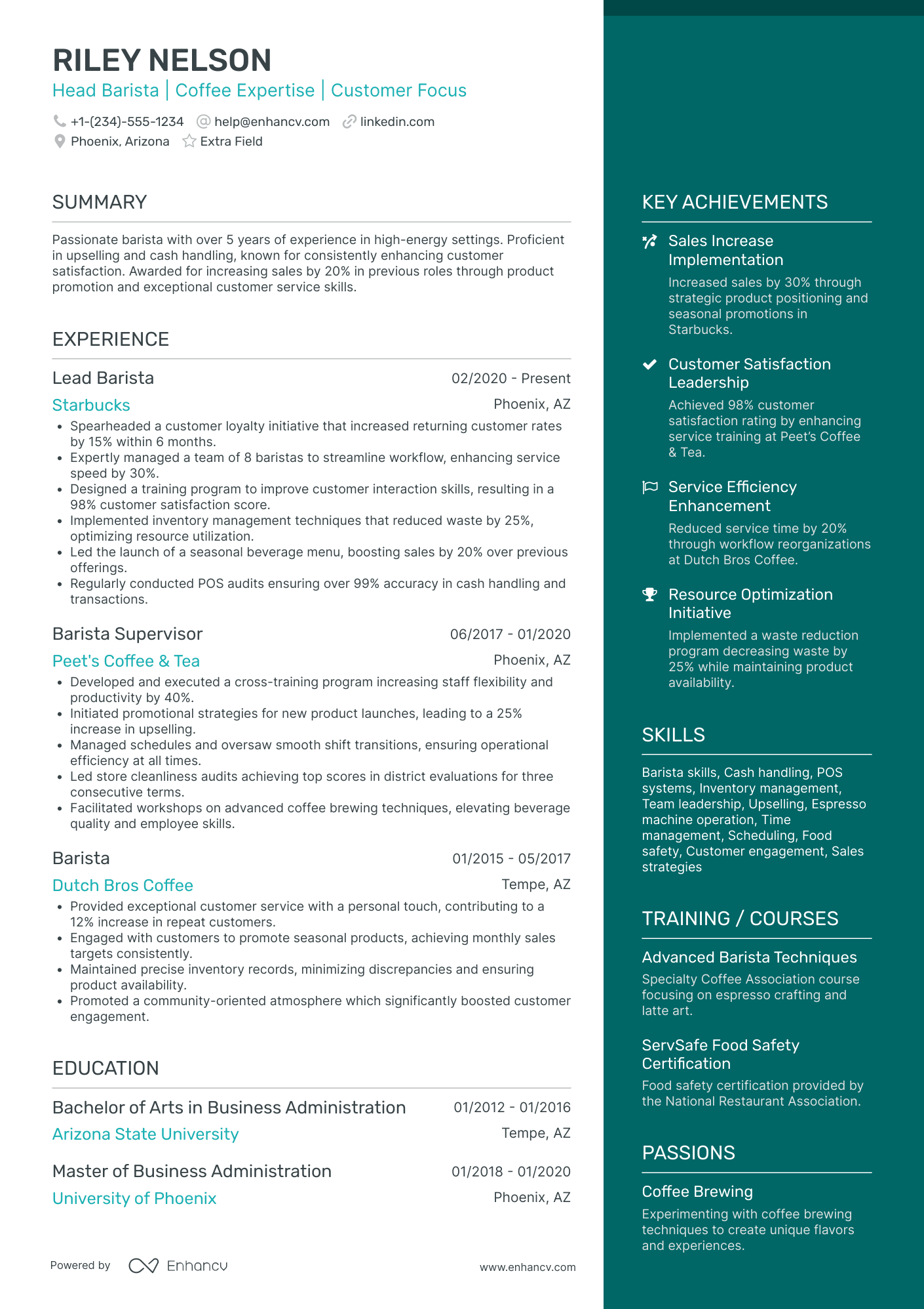 Head Barista Resume Example