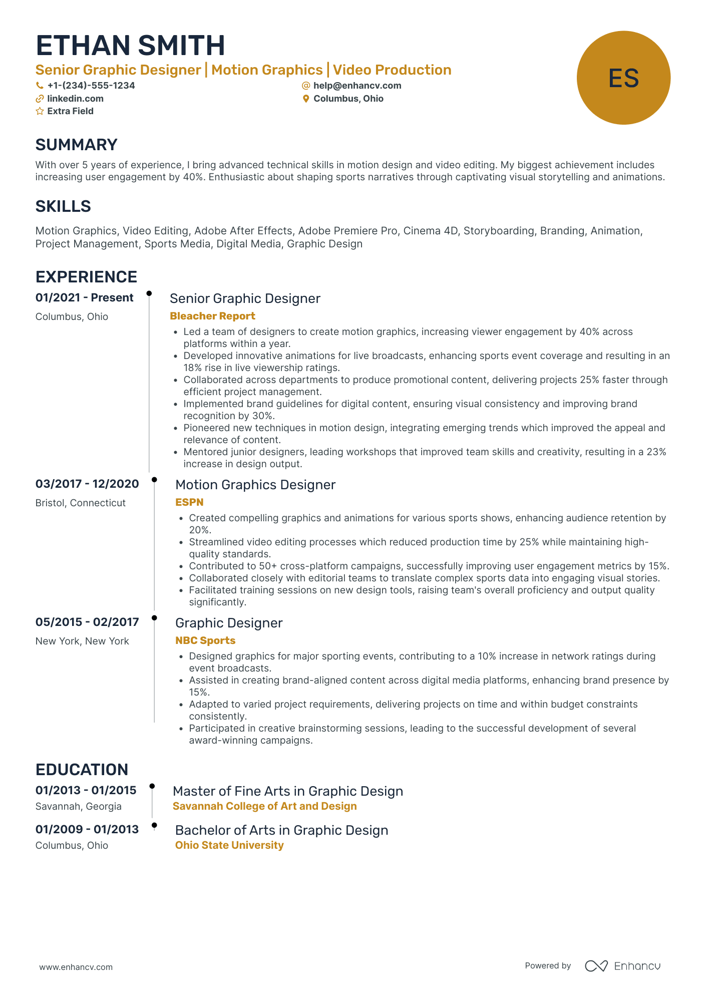 Lead Motion Graphics Animator Resume Example