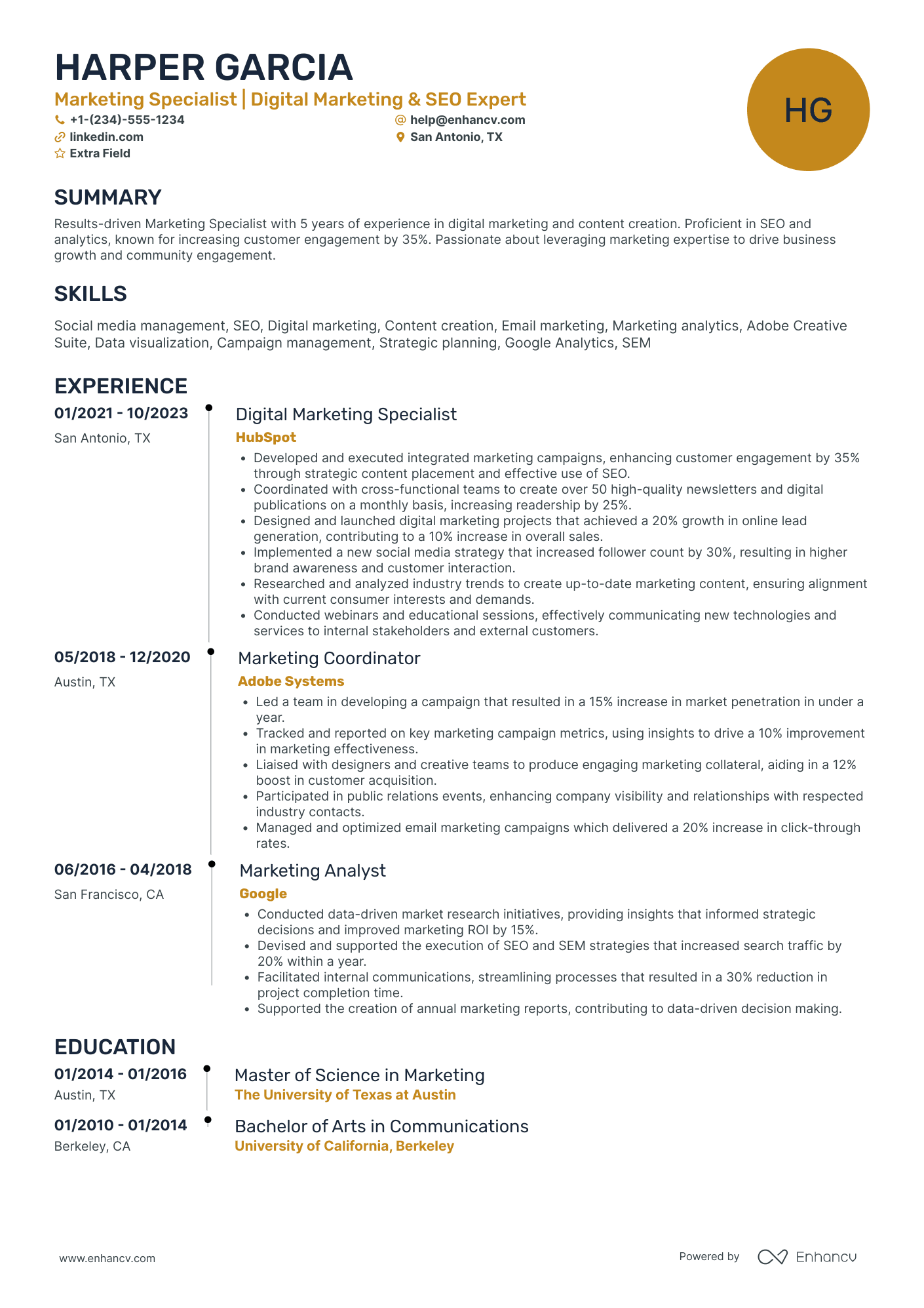 SEO Marketing Specialist Resume Example