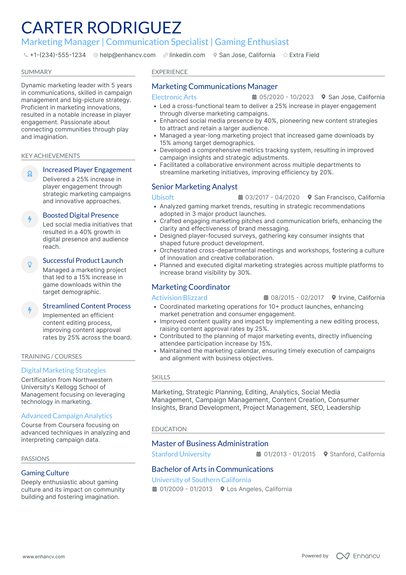 Marketing and Communication Manager Resume Example