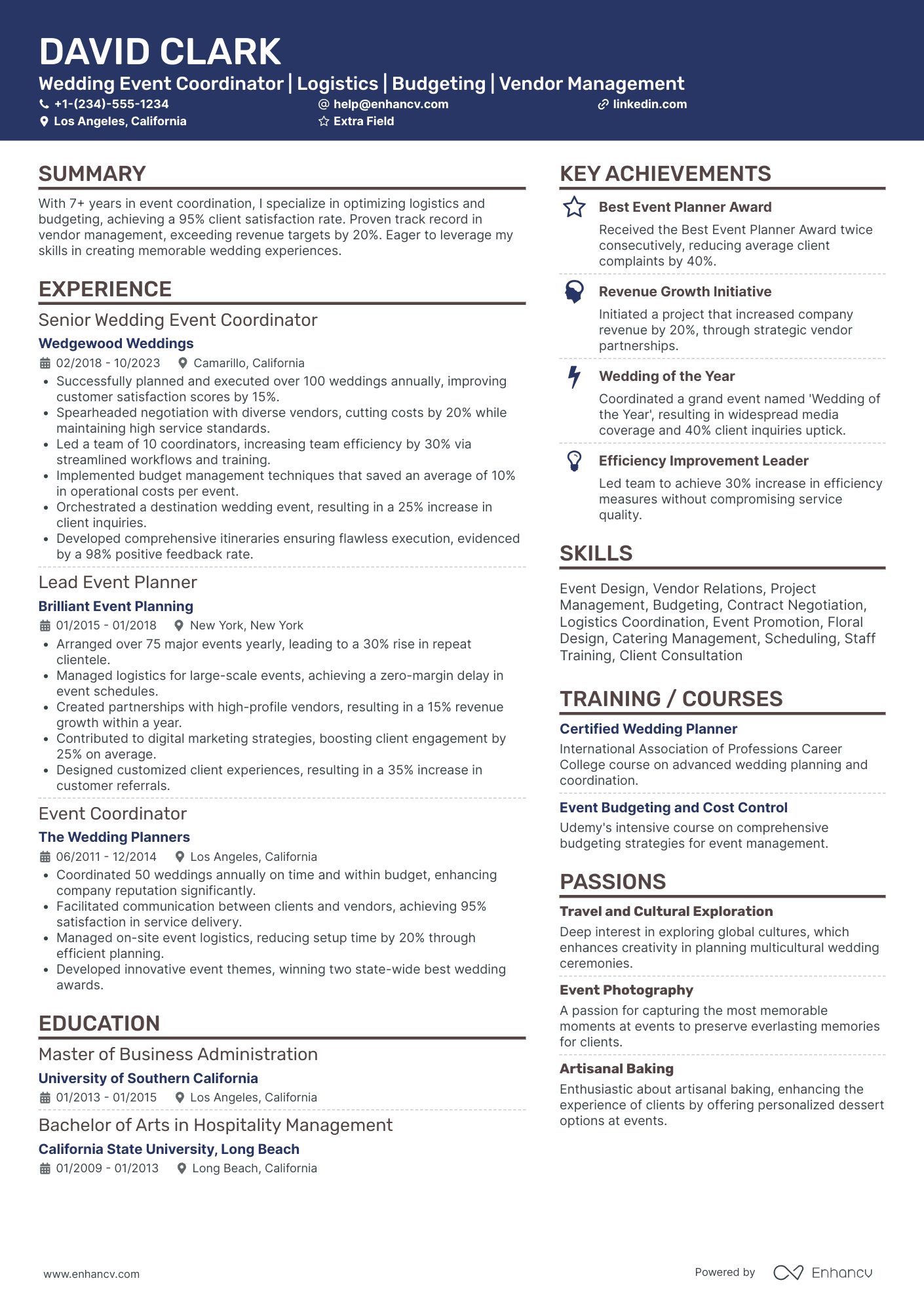 Wedding Event Coordinator Resume Example