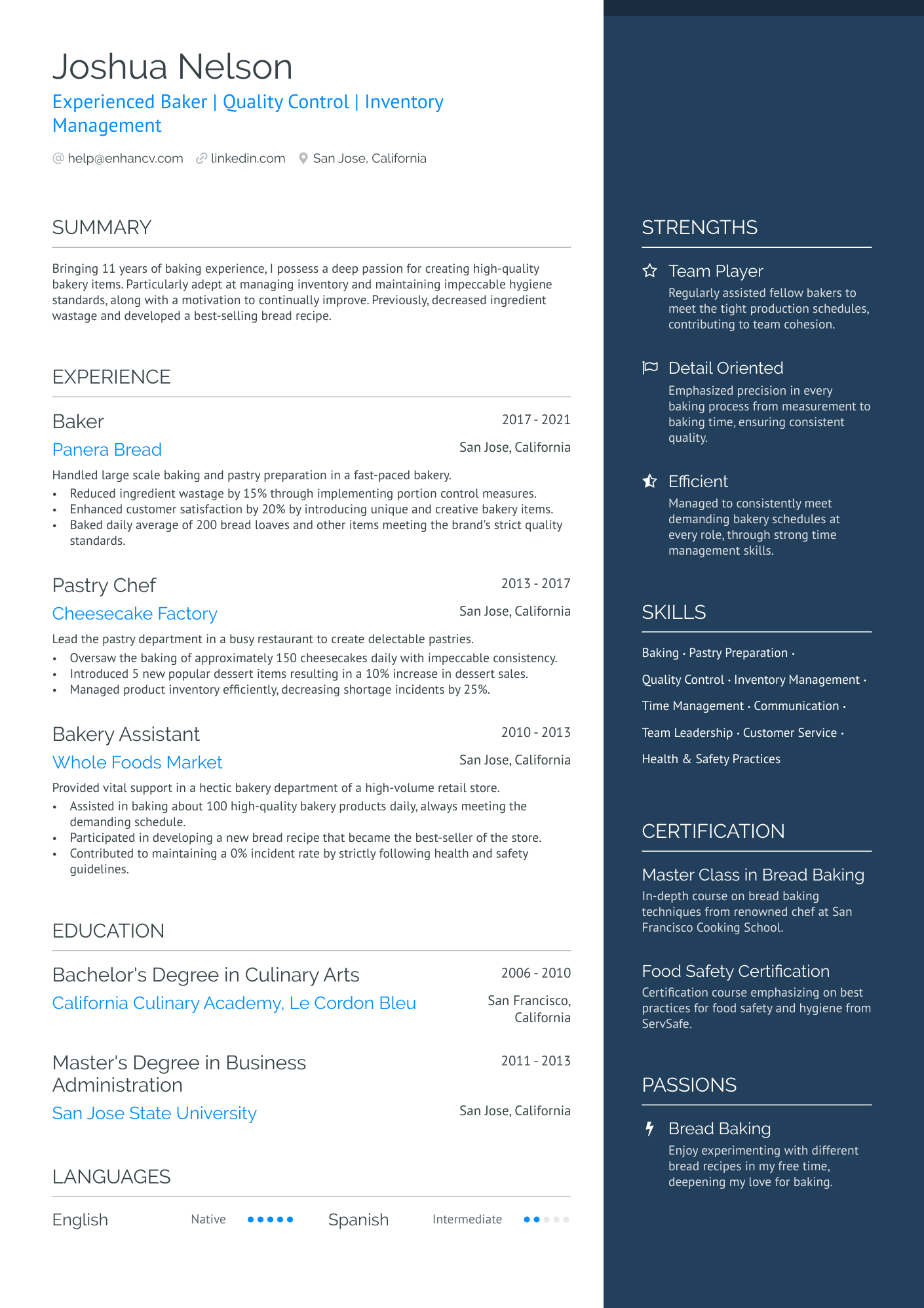 Self Employed Baker Resume Example