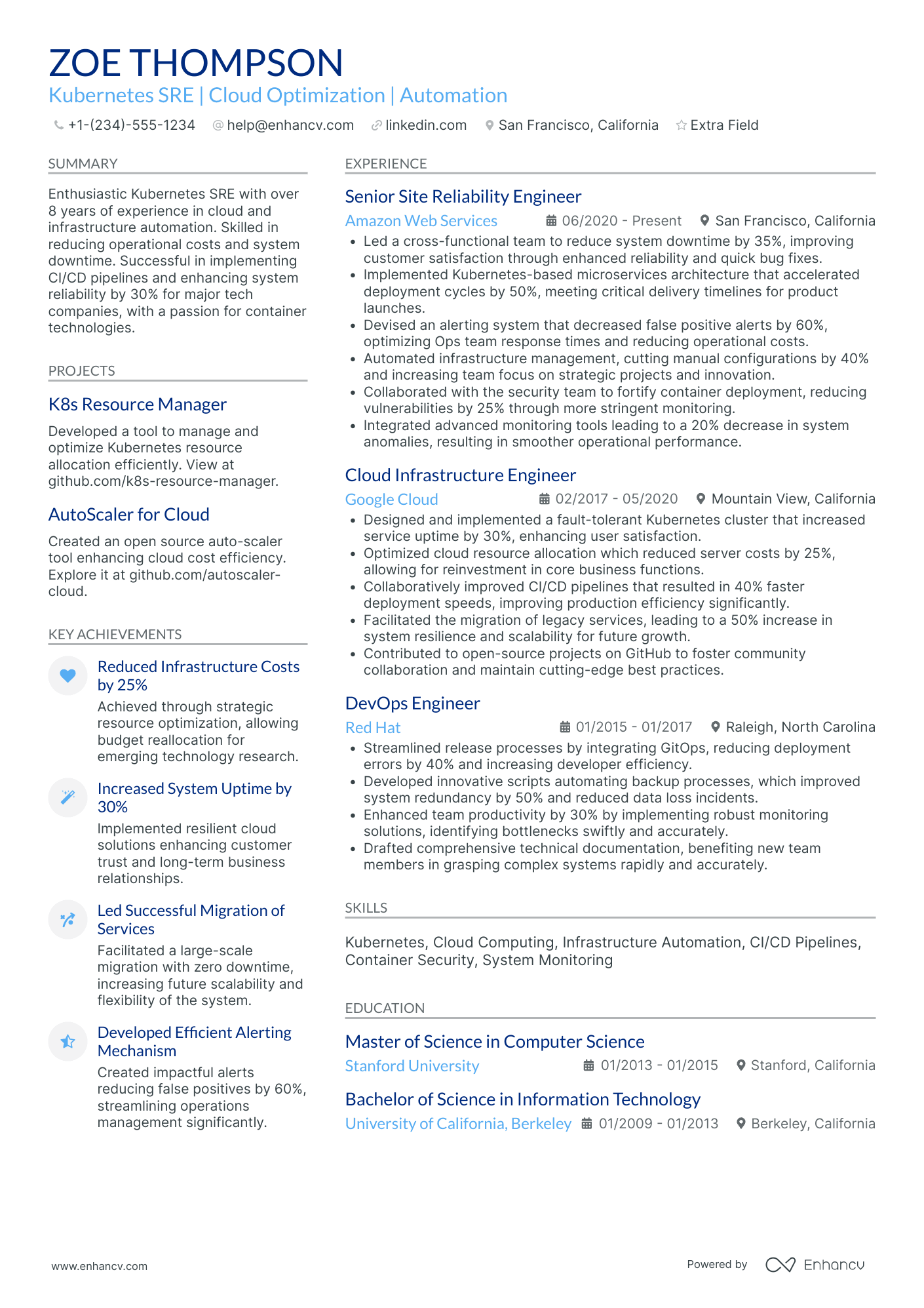 Kubernetes Site Reliability Engineer (SRE) Resume Example