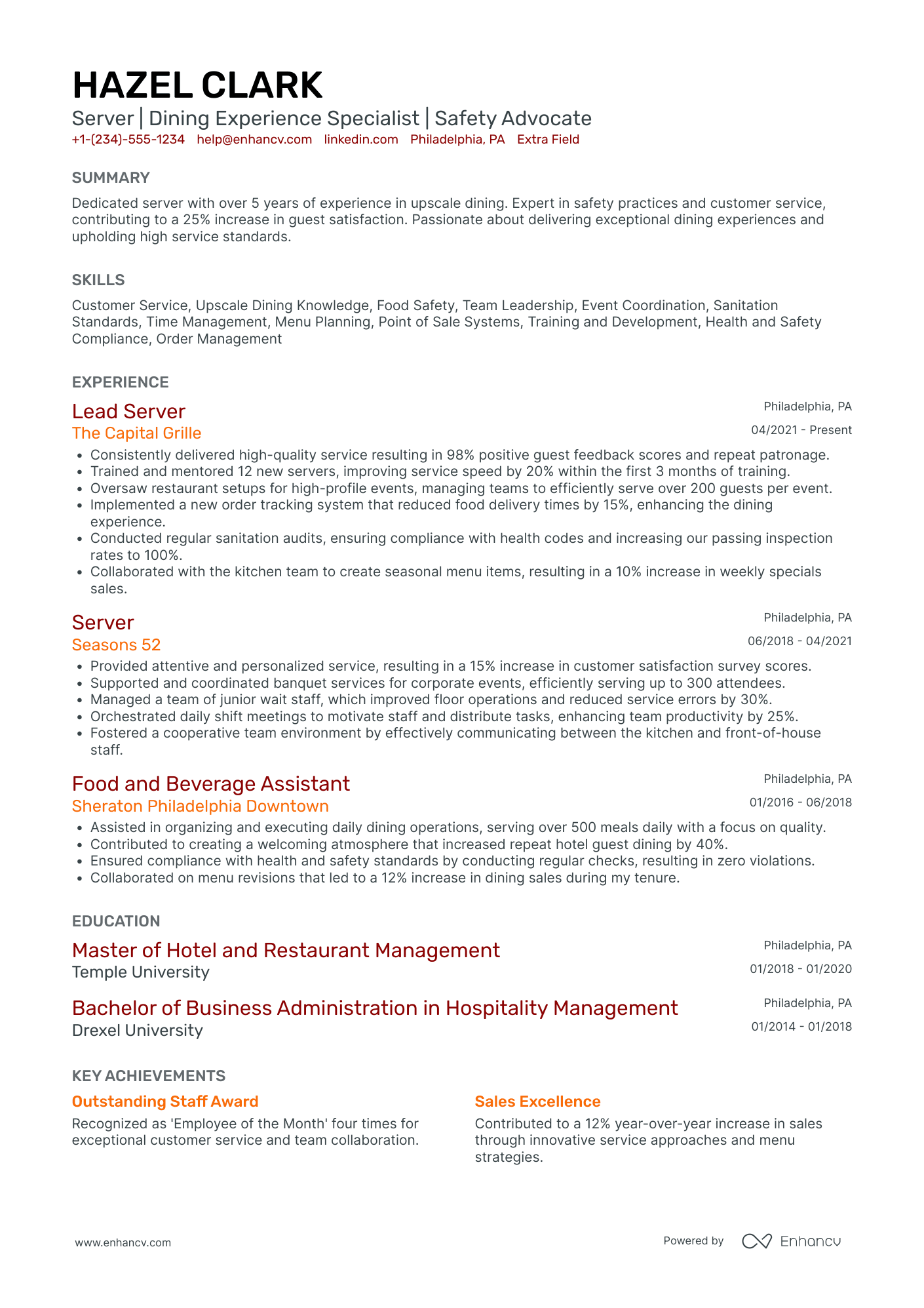 Private Party Waiter Resume Example