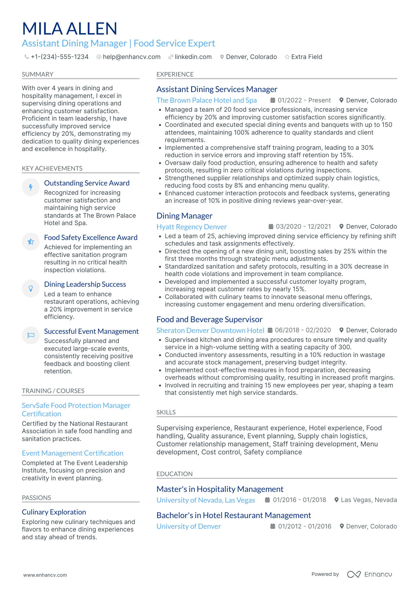 Food Service Assistant Manager Resume Example