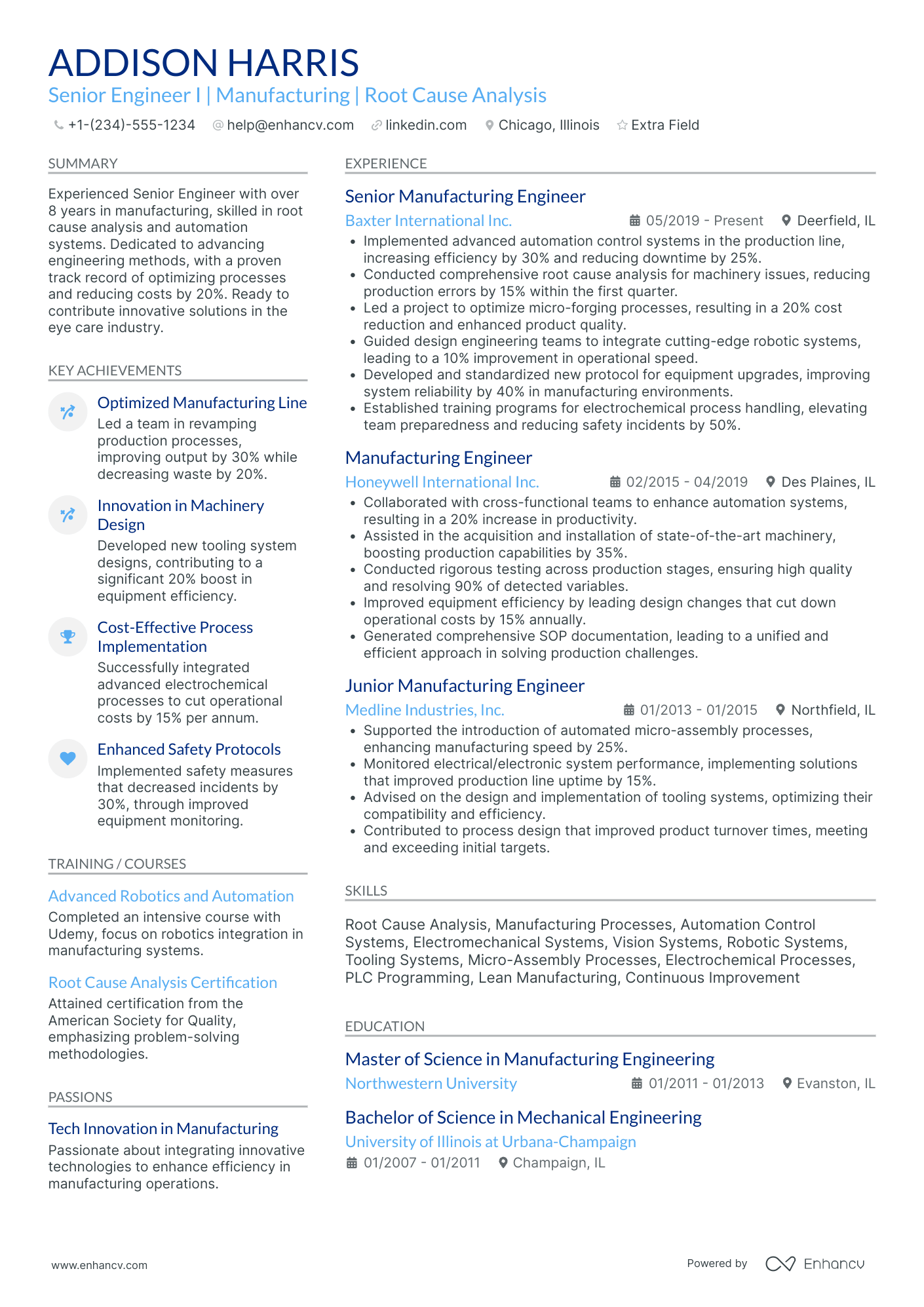 Manufacturing Operations Engineer Resume Example