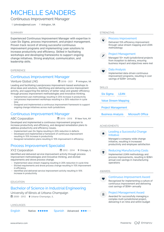Continuous Improvement Manager Resume Example