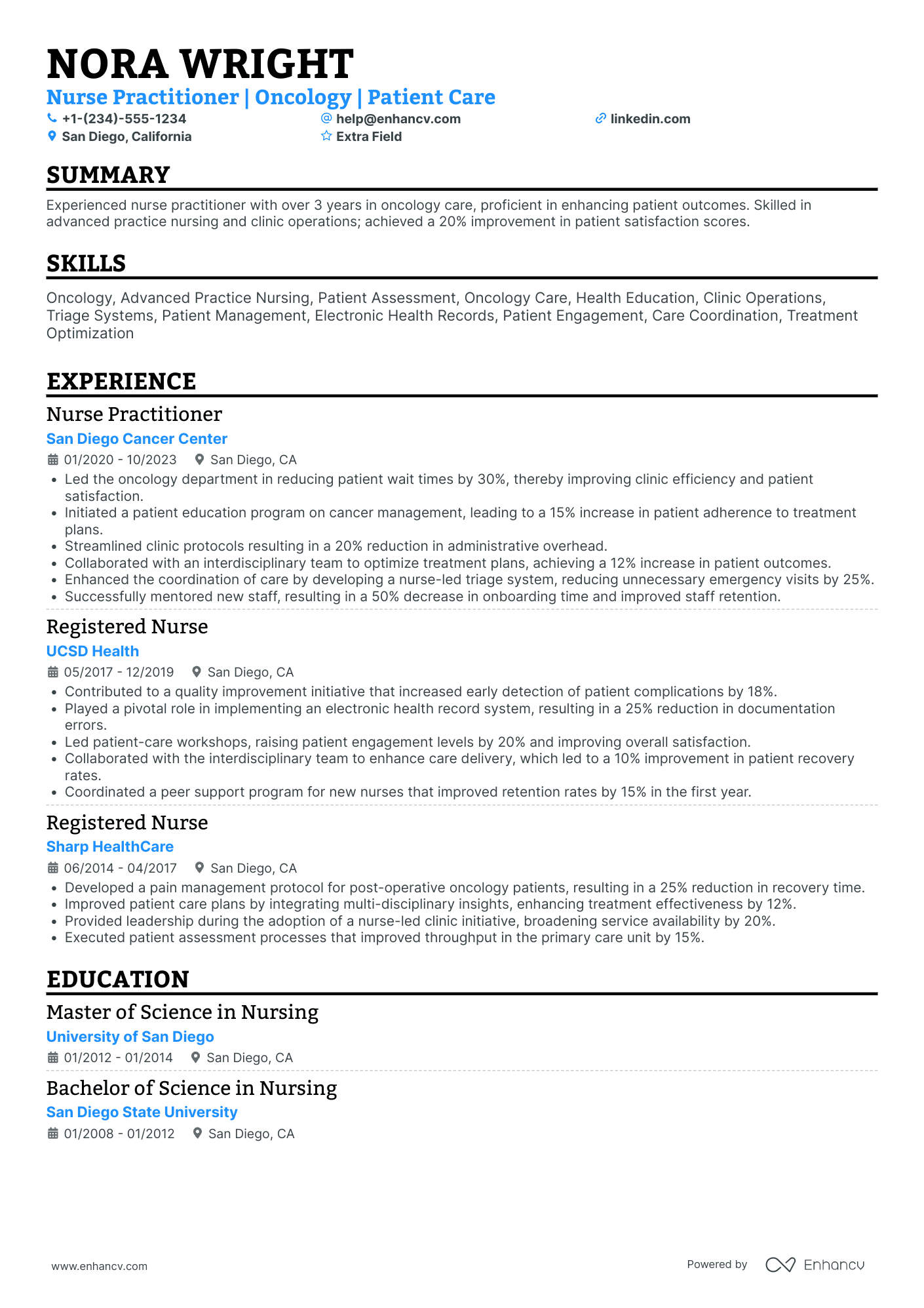 Oncology Nurse Practitioner Resume Example