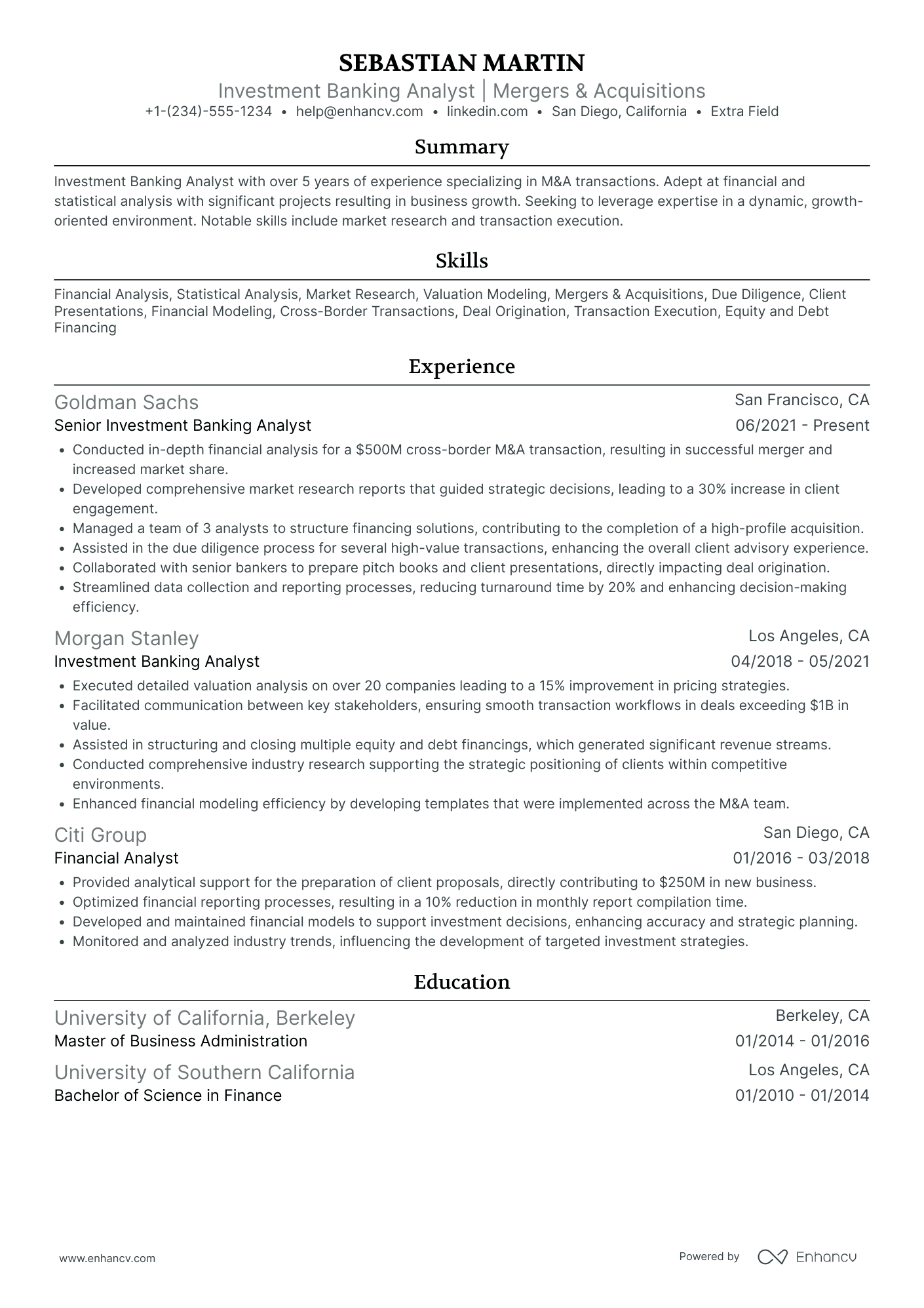 Investment Banking Equity Research Analyst Resume Example